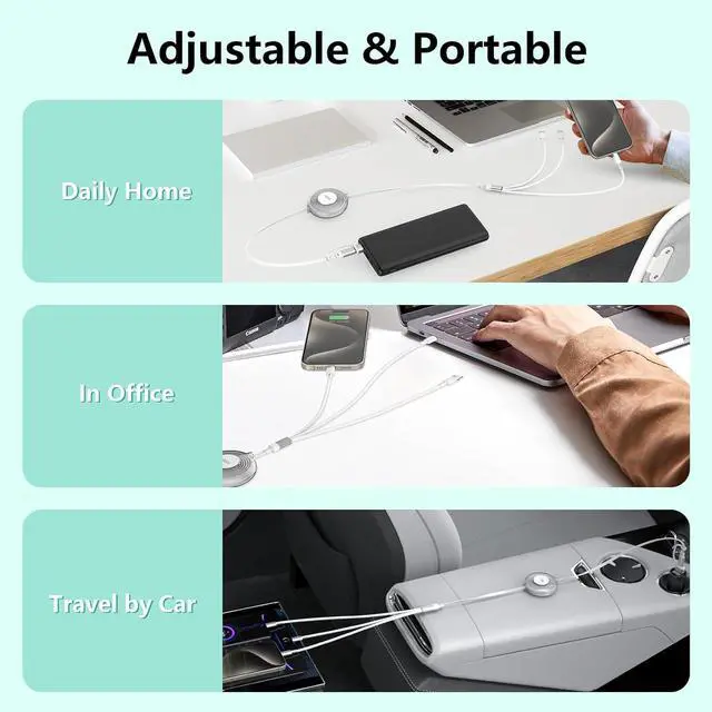 Alt view image 6 of 7 - 100W Retractable Multi 5-in-1 USB A/Type C to Lightning+USB C+Micro Charging Cable for All  iPhone 100W+27W Fast Multiple Charger Cord for iPhone 15 14 13 12//iPad Pro