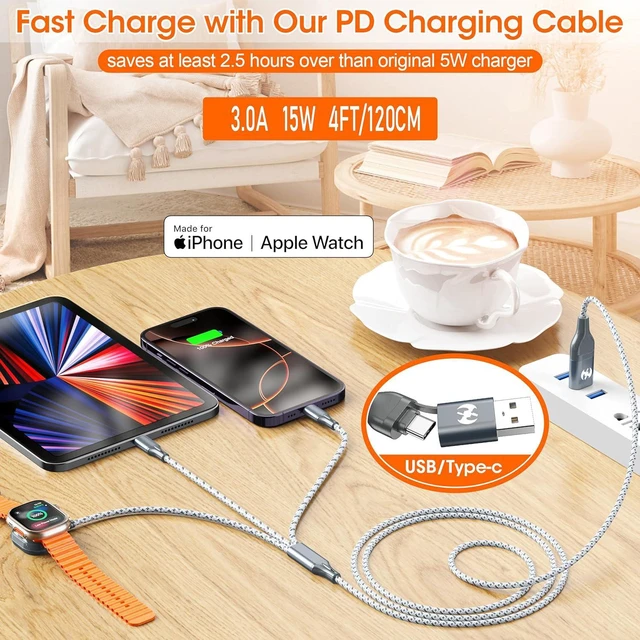 Alt view image 3 of 7 - Watch Charger 3 in 1 Multi Charging Cable 4FT MFi Magnetic