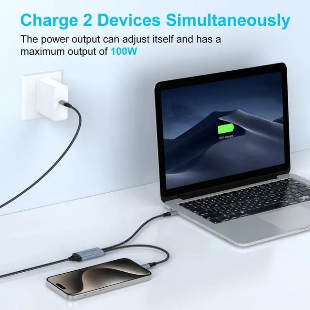 Alt view image 3 of 7 - USB c Cable 4.92 ft 2-in-1 USB C to USB C Cable 100W Max Fast Charging for iPhone15 Series/16 Series MacBook Pro iPad Pro Galaxy S23/S22 Braided Black