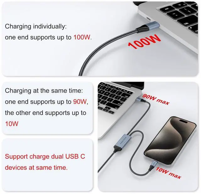 Alt view image 5 of 7 - USB c Cable 4.92 ft 2-in-1 USB C to USB C Cable 100W Max Fast Charging for iPhone15 Series/16 Series MacBook Pro iPad Pro Galaxy S23/S22 Braided Black