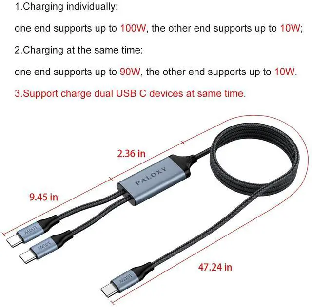 Alt view image 7 of 7 - USB c Cable 4.92 ft 2-in-1 USB C to USB C Cable 100W Max Fast Charging for iPhone15 Series/16 Series MacBook Pro iPad Pro Galaxy S23/S22 Braided Black