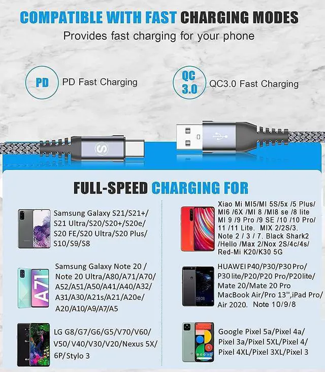 Alt view image 6 of 7 - USB Type C iPhone 16 Pro Max Charger Cable [2-Pack 6.6ft+6.6ft] Nylon Braided USB C Cord for iPhone 16 15 Pro Max  Galaxy S24 S23 S22 S21 S20 S10 A53 A15 Note Flip Pixel LG Moto PS5