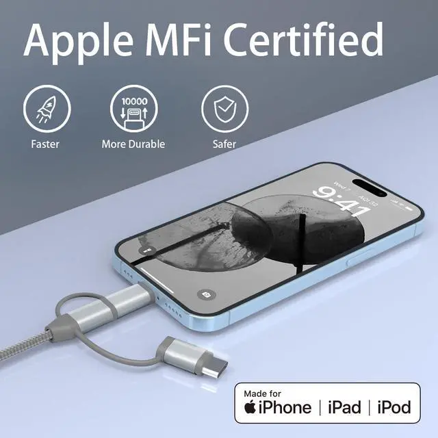 Alt view image 7 of 7 - [ MFi Certified 3 in 1 Charging Cable Adapter with Lightning/Type-C/Micro USB Cable for iPhone 16/15/14 iPad  HTC LG  Galaxy  Xperia Car Play (1 Pack 3.4ft)