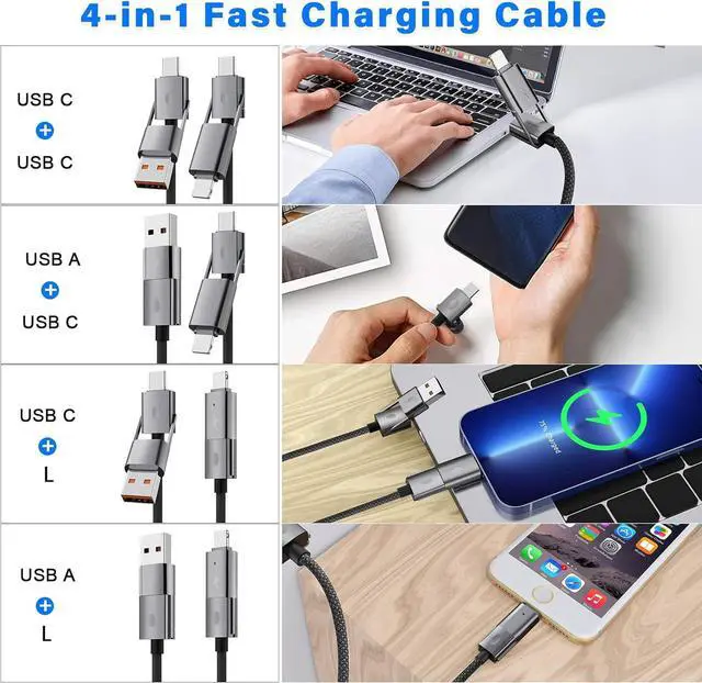 Alt view image 2 of 7 - 4 in 1 USB C Cable 2Pack 6FT Round Braided Multi Fast Charging Cable PD 65W 27W 480Mbps Data Transfer Compatible with iPhone/iPad//MacBook