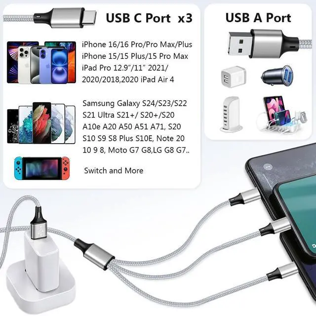 Alt view image 2 of 7 - Multi Charging Cable USB C Splitter Cable 3 in 1 Fast Charging Cord with 3 Type-C Male Port Compatible with Cell Phones Tablets and More - 2Pack 4FT Silver