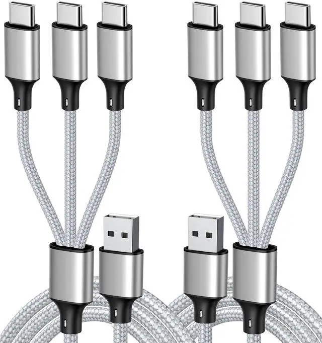 Main image of Multi Charging Cable USB C Splitter Cable 3 in 1 Fast Charging Cord with 3 Type-C Male Port Compatible with Cell Phones Tablets and More - 2Pack 4FT Silver