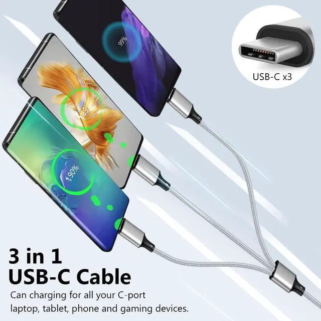 Alt view image 3 of 7 - Multi Charging Cable USB C Splitter Cable 3 in 1 Fast Charging Cord with 3 Type-C Male Port Compatible with Cell Phones Tablets and More - 2Pack 4FT Silver