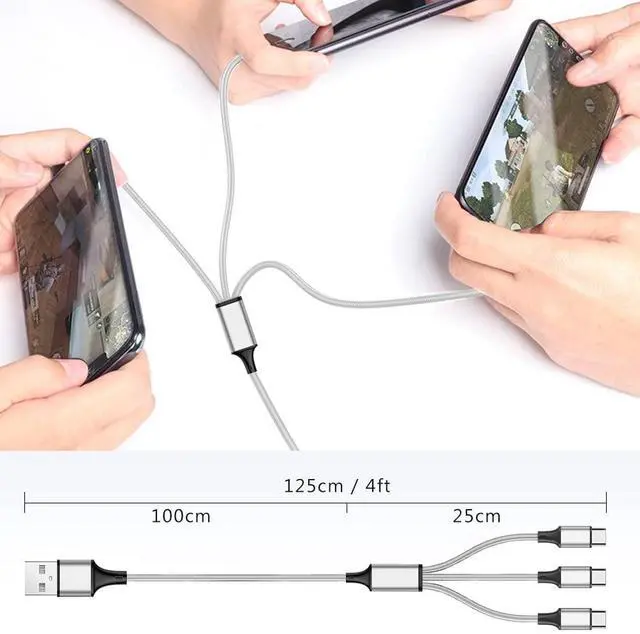 Alt view image 6 of 7 - Multi Charging Cable USB C Splitter Cable 3 in 1 Fast Charging Cord with 3 Type-C Male Port Compatible with Cell Phones Tablets and More - 2Pack 4FT Silver