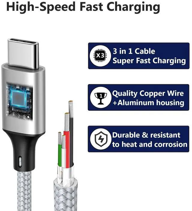 Alt view image 7 of 7 - Multi Charging Cable USB C Splitter Cable 3 in 1 Fast Charging Cord with 3 Type-C Male Port Compatible with Cell Phones Tablets and More - 2Pack 4FT Silver