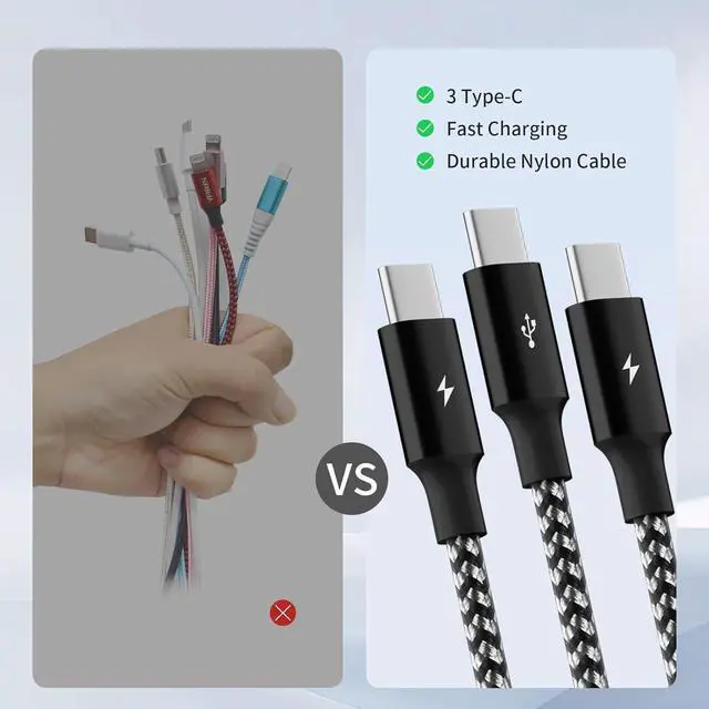 Alt view image 3 of 7 - Multi Charging Cable USB C Splitter Cable 3 in 1 Fast Charging Cord with 3 Type-C Port for iPhone 16 15 Pro Max Galaxy S23 S22 S10 Note 20 Cell Phones Tablets and More 1Pack 5FT