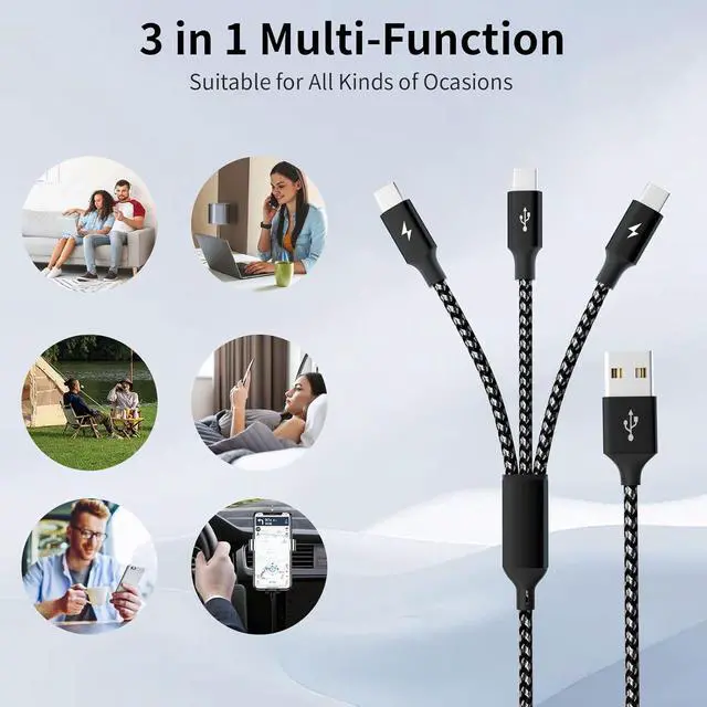 Alt view image 7 of 7 - Multi Charging Cable USB C Splitter Cable 3 in 1 Fast Charging Cord with 3 Type-C Port for iPhone 16 15 Pro Max Galaxy S23 S22 S10 Note 20 Cell Phones Tablets and More 1Pack 5FT