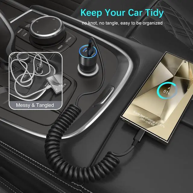 Alt view image 3 of 7 - Coiled USB C Cable for Car 3ft Retractable Car Charger Type C Fast Charging Cord 60W 3A for iPhone 16 15 Pro Max Carplay Galaxy S25 Ultra S24 FE A15 A54 A35 A16 Android Phones 3Pack