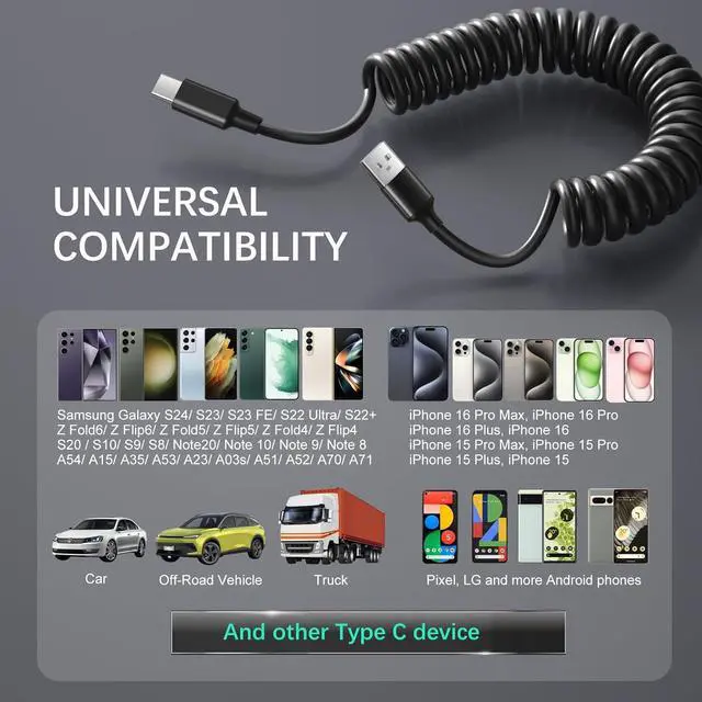 Alt view image 7 of 7 - Coiled USB C Cable for Car 3ft Retractable Car Charger Type C Fast Charging Cord 60W 3A for iPhone 16 15 Pro Max Carplay Galaxy S25 Ultra S24 FE A15 A54 A35 A16 Android Phones 3Pack