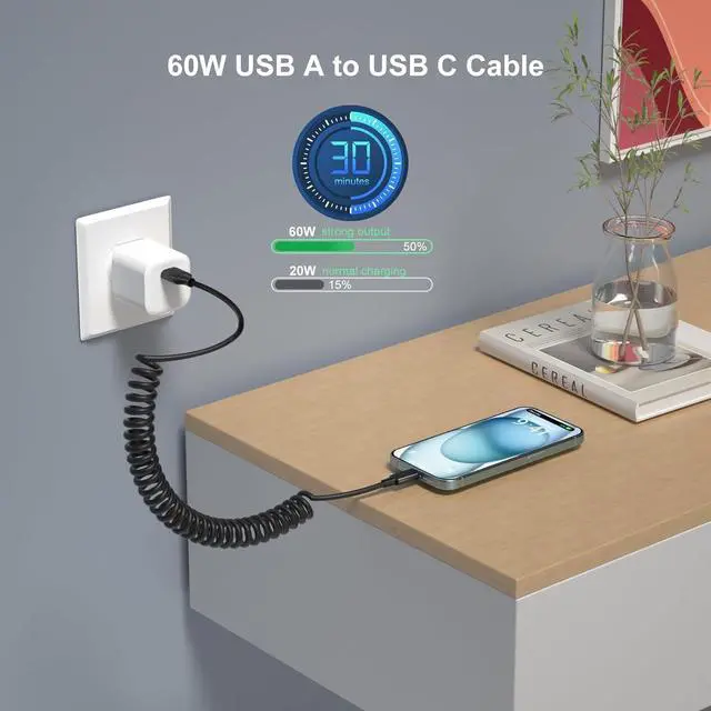 Alt view image 4 of 7 - Coiled USB C Cable for Car 3ft Retractable Car Charger Type C Fast Charging Cord 60W 3A for iPhone 16 15 Pro Max Carplay Galaxy S25 Ultra S24 FE A15 A54 A35 A16 Android Phones 3Pack
