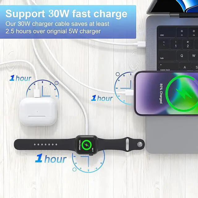 Alt view image 3 of 7 - Watch Charger USB C with 30W PD Fast Wall Plug for  Watch/iPhone 16 Pro Max Plus/15/14 4 in 2 Wireless Magnetic Charging Cable for iWatch Series 10/9-1/SE/Ultra Multi Cord for Travel 6FT