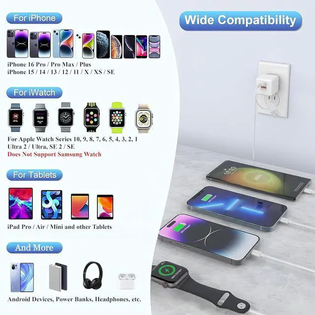 Alt view image 7 of 7 - Watch Charger USB C with 30W PD Fast Wall Plug for  Watch/iPhone 16 Pro Max Plus/15/14 4 in 2 Wireless Magnetic Charging Cable for iWatch Series 10/9-1/SE/Ultra Multi Cord for Travel 6FT