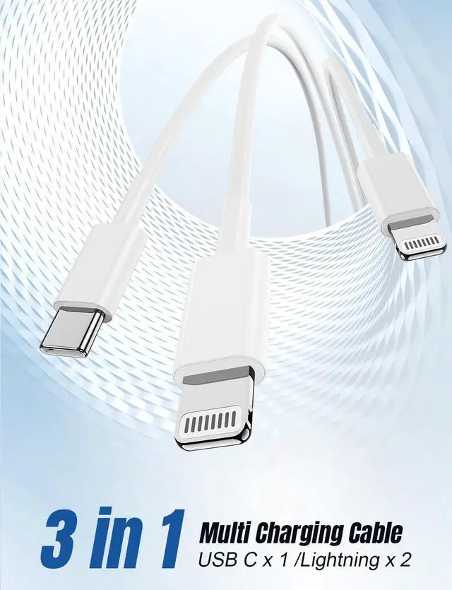 Alt view image 2 of 7 - 3 in 1 Multi i-Phone Charger Cable 6FT USB C to Lightning Cable with 3 Ports for iPhone 16/15/14/13/12/11 Pro Max/XS/XR/8 & iPad Pro/Mini/  Fast Charging Cord (2-Pack White)