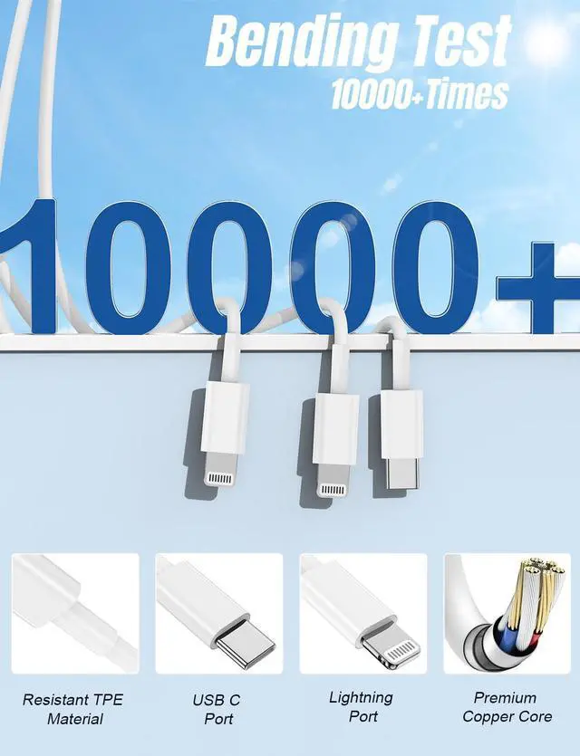 Alt view image 3 of 7 - 3 in 1 Multi i-Phone Charger Cable 6FT USB C to Lightning Cable with 3 Ports for iPhone 16/15/14/13/12/11 Pro Max/XS/XR/8 & iPad Pro/Mini/  Fast Charging Cord (2-Pack White)
