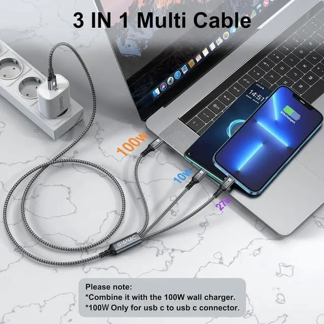 Alt view image 6 of 7 - 100W USB C Multi Charging Cable [2M] 3 in 1 Charging Cable with E-Mark Chip USB C [100W]+Lightning[27W]+Micro[10W] for  S23 iPad Pro iPad mini MacBook Pro/Air/iPhone14 13 12 12