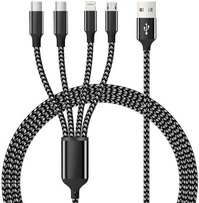 Main image of Multi Charging Cable Dual Type-C Multiple Charger Cable Nylon Braided 4 in 1 Multi USB Cable Charging Cord with IP/Type C/Micro USB Ports for Cell Phones/iPhone/Tablets/ Galaxy & More-1Pack 5Ft