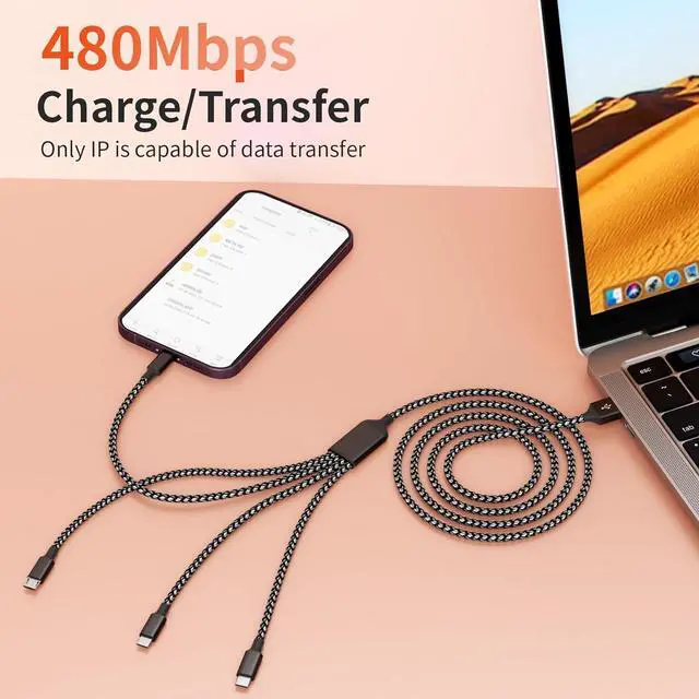 Alt view image 5 of 7 - Multi Charging Cable Dual Type-C Multiple Charger Cable Nylon Braided 4 in 1 Multi USB Cable Charging Cord with IP/Type C/Micro USB Ports for Cell Phones/iPhone/Tablets/ Galaxy & More-1Pack 5Ft