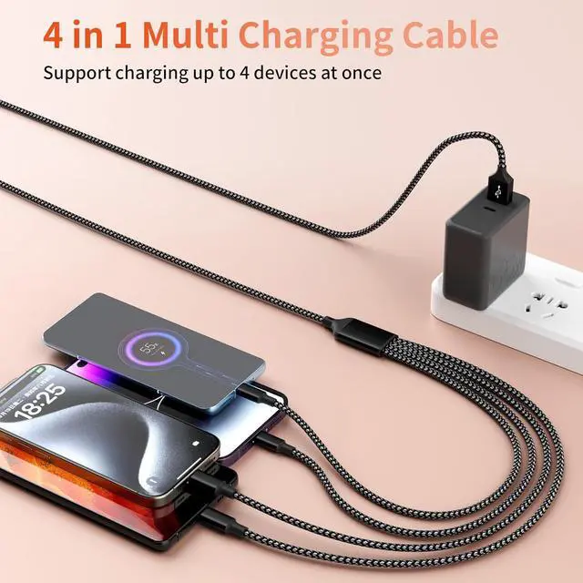 Alt view image 7 of 7 - Multi Charging Cable Dual Type-C Multiple Charger Cable Nylon Braided 4 in 1 Multi USB Cable Charging Cord with IP/Type C/Micro USB Ports for Cell Phones/iPhone/Tablets/ Galaxy & More-1Pack 5Ft
