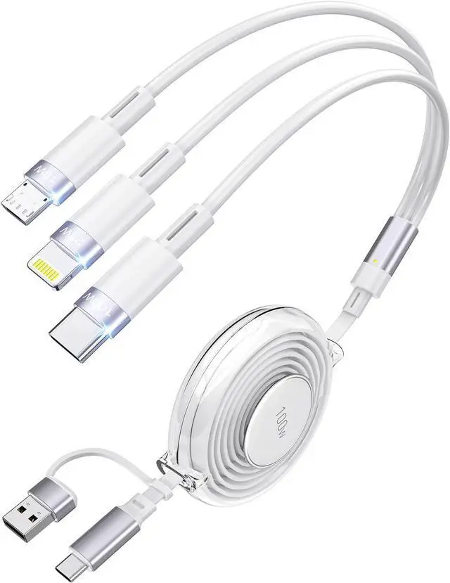 Main image of 100W 5-in-1 Retractable Charging Cable Tpye C/Lightning/Micro USB Multi Charger Cord for iPhones iPads MacBook Tablets Galaxy Note & More - 4Ft/1.2M 5A Fast Charging Durable & Portable White