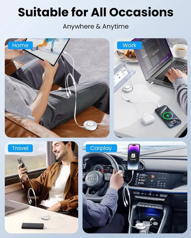 Alt view image 7 of 7 - 100W 5-in-1 Retractable Charging Cable Tpye C/Lightning/Micro USB Multi Charger Cord for iPhones iPads MacBook Tablets Galaxy Note & More - 4Ft/1.2M 5A Fast Charging Durable & Portable White