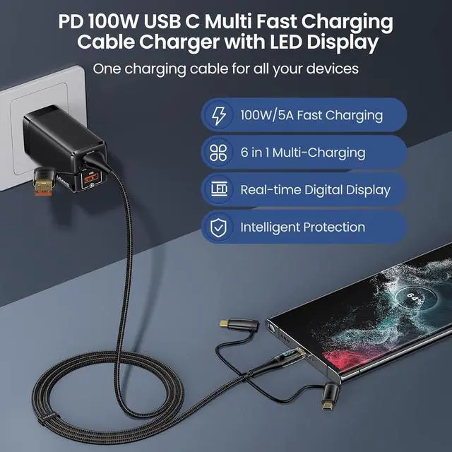 Alt view image 2 of 7 - USB C to Multi Charging Cable USAMS 100W 4FT 5A Type C to Type C Fast Charger Charging Cord with LED Display 5-in-1 C/A to C/Micro/IP Sync Charger Adapter Compatible for Laptop/Tablet/Phone
