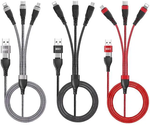 Main image of USB A/C to Multi Charging Cable 4ft 3Pack Universal 6-in-1 USB Cellphone Cables Multiple Charger Cord with Phone/Type C/Micro USB Connectors for Laptop/Tablet/Phone(Gray Black Red)