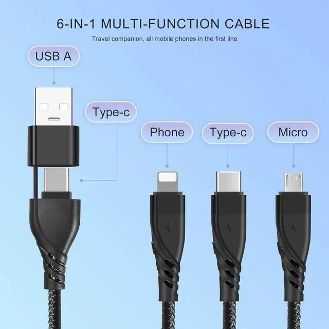 Alt view image 3 of 6 - USB A/C to Multi Charging Cable 4ft 3Pack Universal 6-in-1 USB Cellphone Cables Multiple Charger Cord with Phone/Type C/Micro USB Connectors for Laptop/Tablet/Phone(Gray Black Red)