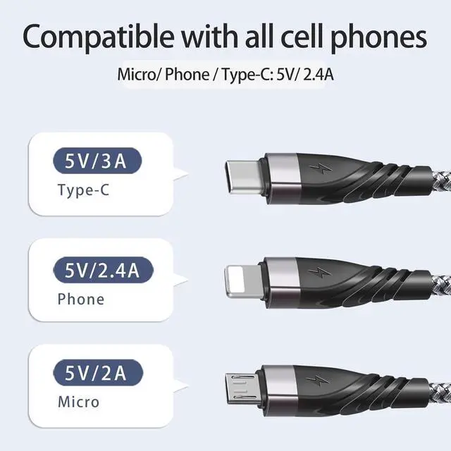 Alt view image 5 of 6 - USB A/C to Multi Charging Cable 4ft 3Pack Universal 6-in-1 USB Cellphone Cables Multiple Charger Cord with Phone/Type C/Micro USB Connectors for Laptop/Tablet/Phone(Gray Black Red)