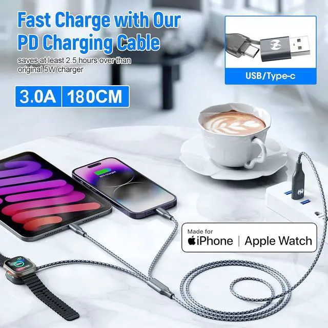 Alt view image 4 of 6 - Multi Charging Cable for  Watch Charger 6FT Nylon Braided USB Lightning Type C USB C Cord iWatch Magnetic Wireless Charger 3 in 1 Charging Wire for  iPhone Android Phone and iWatch