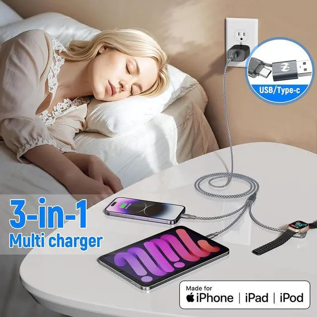 Alt view image 3 of 6 - Multi Charging Cable for  Watch Charger 6FT Nylon Braided USB Lightning Type C USB C Cord iWatch Magnetic Wireless Charger 3 in 1 Charging Wire for  iPhone Android Phone and iWatch