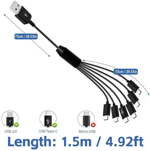 Alt view image 7 of 7 - USB C Splitter Multi Charging Cable 5A Fast Charge USB Type-C Charger Cord for iPhone 16/15 Series iPad Air/Pro Galaxy S24/S23 Pixel PS5 Charging 6 Devices Simultaneously (4.92FT)