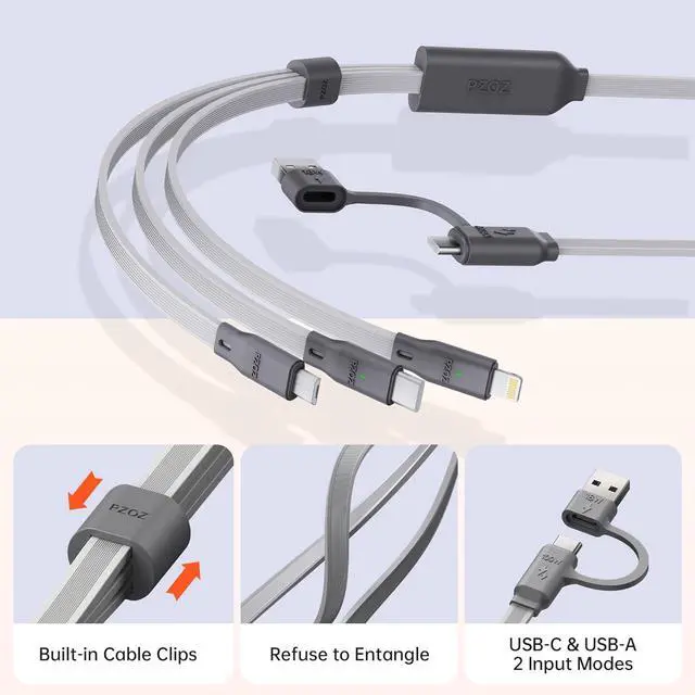 Alt view image 3 of 6 - PZOZ 100W USB C & USB A Charging Cable 3 in 1 Multi Fast Charging at The Same Time Multiple Charger Cord with Type C[100W]/Lightning[27W]/Micro[10W] for iPhone 17 16 15 14 iPad Pro MacBook