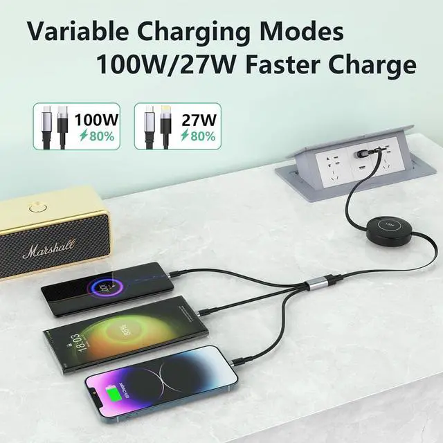 Alt view image 3 of 7 - 100W USB C Retractable Multi 5-in-1 USB A/Type C to Lightning+US B C+Micro iPhone Charging Cable 4FT PD 5A Fast Multiple Charger Cord for iPhone 15 14 13 12/ S23/iPad Pro/MacBook/Tablet