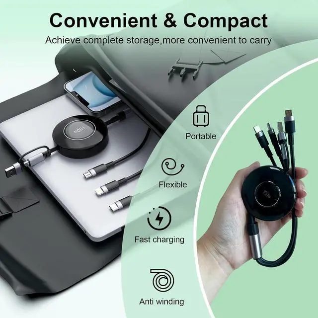 Alt view image 7 of 7 - 100W USB C Retractable Multi 5-in-1 USB A/Type C to Lightning+US B C+Micro iPhone Charging Cable 4FT PD 5A Fast Multiple Charger Cord for iPhone 15 14 13 12/ S23/iPad Pro/MacBook/Tablet