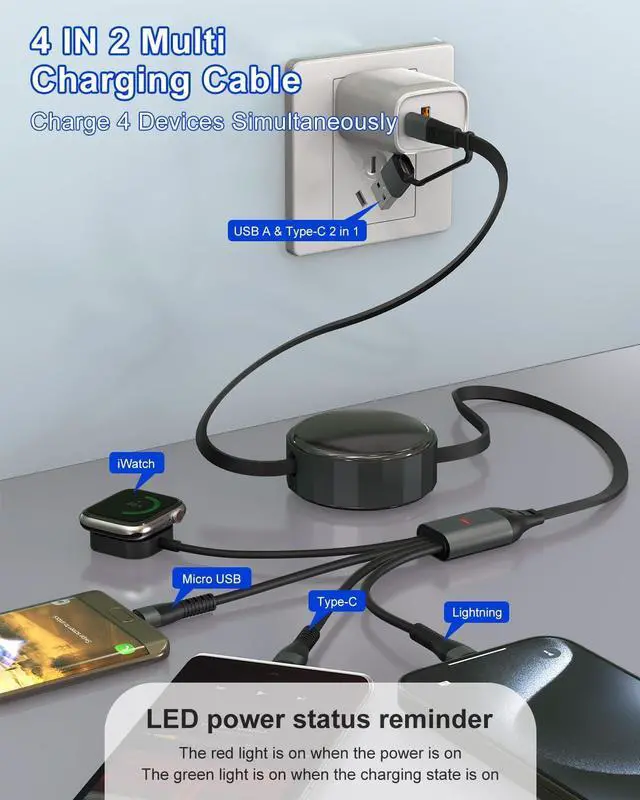 Alt view image 2 of 7 - Retractable Multi Charging Cable for  Watch - 100W 4 in 1 Retractable Charging Cable with Lightning/Micro/Type C/iWatch Port Compatible with  Watch Series/iPhone 16/15/Galaxy Android