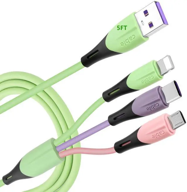 Main image of Multi Charging Cable 2Pack 5FT 3 in 1 5A Multiple USB Fast Charger Cord Adapter with IP/USB C/Micro USB Port Connectors for Phone 14 13/ Galaxy/Pixel/Phones/Tablets and More