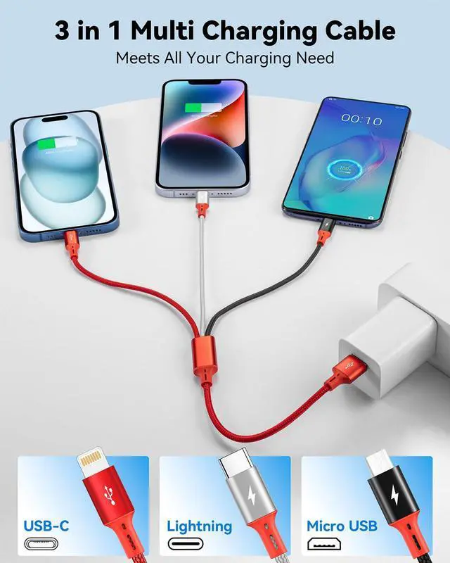Alt view image 3 of 7 - [3Pack 1Ft] Multi Charging Cable Short Multi Charger Cable 3 in 1 Braided Universal Multiple USB Cable Charging Cord Adapter with IP/Type-C/Micro USB Port for Cell Phones/iPhone Series/Galaxy & More
