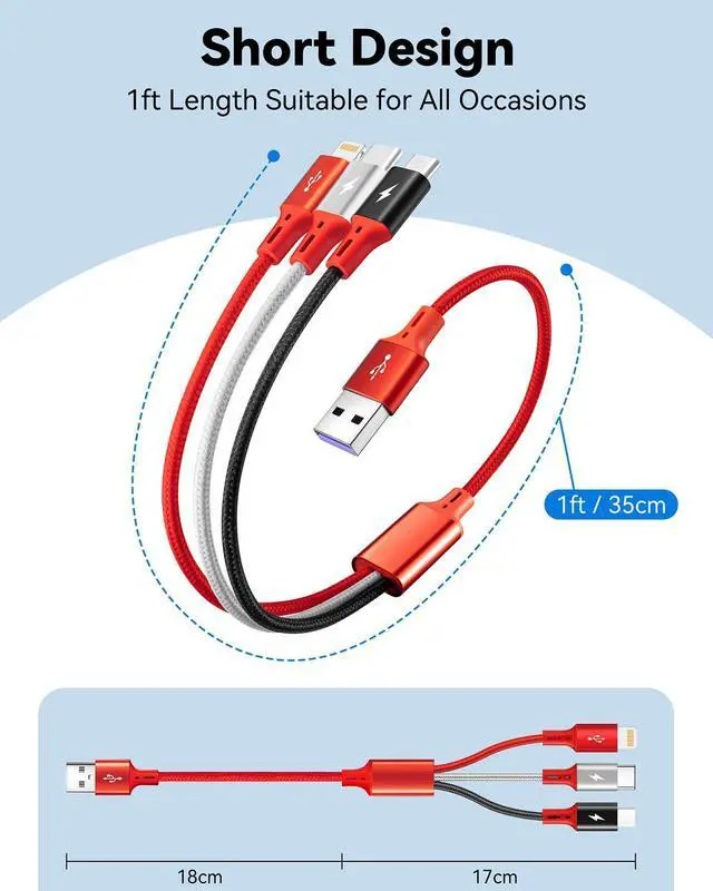 Alt view image 6 of 7 - [3Pack 1Ft] Multi Charging Cable Short Multi Charger Cable 3 in 1 Braided Universal Multiple USB Cable Charging Cord Adapter with IP/Type-C/Micro USB Port for Cell Phones/iPhone Series/Galaxy & More