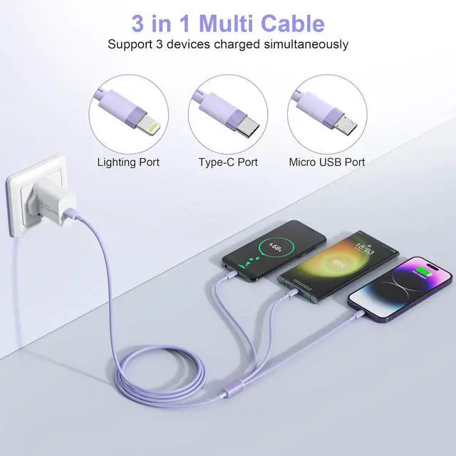 Alt view image 2 of 7 - 3-in-1 Multi USB Charging Cable 6FT/1.8M [MFi Certified] Fast Charger Adapter Cord with Type-C/Lightning/Micro USB Ports Compatible with Cell Phones/Tablets iPhones iPads Galaxy Note Durable
