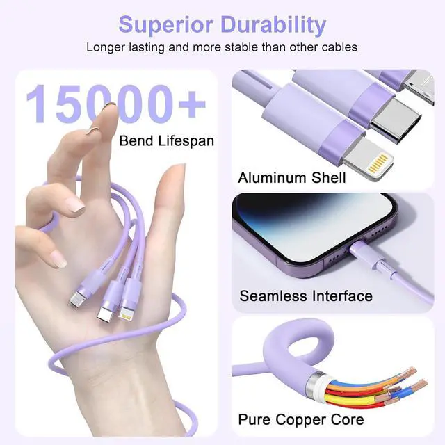 Alt view image 5 of 7 - 3-in-1 Multi USB Charging Cable 6FT/1.8M [MFi Certified] Fast Charger Adapter Cord with Type-C/Lightning/Micro USB Ports Compatible with Cell Phones/Tablets iPhones iPads Galaxy Note Durable