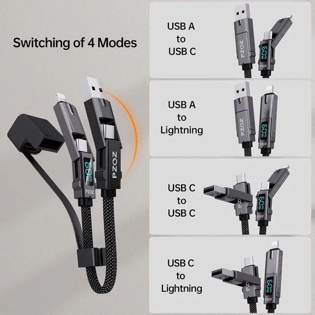 Alt view image 2 of 6 - Multi Charging Cable Keychain Charger Cable with LED Display 4-in-1 Multi USB C Fast Charging Combo Lightning/Type C/USB A/USBC for iPhone iPad MacBook AirPods  Google (60W 7.3 inchs)