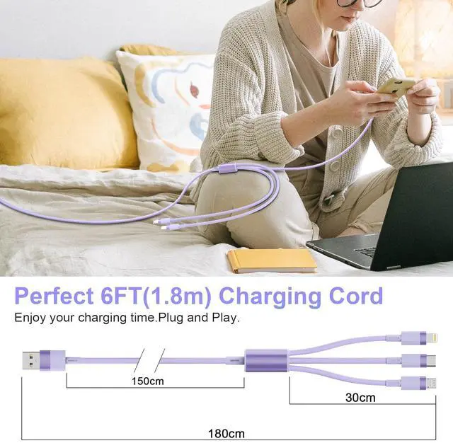 Alt view image 6 of 7 - 3-in-1 Multi USB Charging Cable 6FT/1.8M [MFi Certified] Fast Charger Adapter Cord with Type-C/Lightning/Micro USB Ports Compatible with Cell Phones/Tablets iPhones iPads Galaxy Note Durable