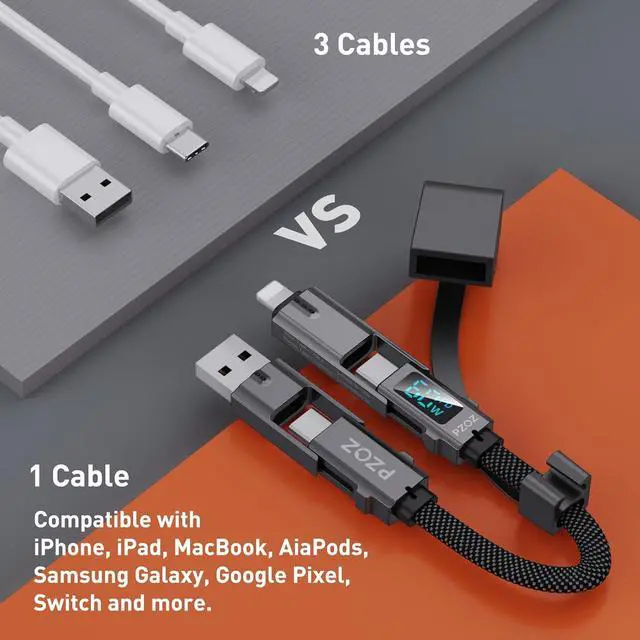 Alt view image 5 of 6 - Multi Charging Cable Keychain Charger Cable with LED Display 4-in-1 Multi USB C Fast Charging Combo Lightning/Type C/USB A/USBC for iPhone iPad MacBook AirPods  Google (60W 7.3 inchs)