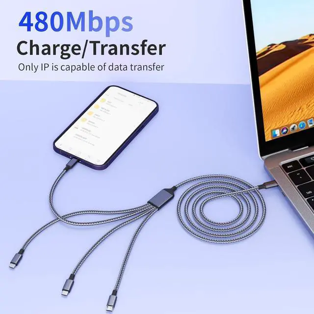 Alt view image 4 of 7 - USB C Multi Charging Cable [1Pack 5FT] 4 in 1 Charging Cable Nylon Braided USB-C Multiple Charger Cord with Micro USB IP Port and 2 Type C Adapter Port for iPhone 16/15 Series/Cell Phones and More