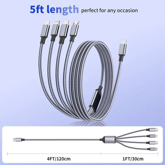 Alt view image 6 of 7 - USB C Multi Charging Cable [1Pack 5FT] 4 in 1 Charging Cable Nylon Braided USB-C Multiple Charger Cord with Micro USB IP Port and 2 Type C Adapter Port for iPhone 16/15 Series/Cell Phones and More