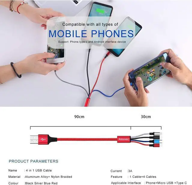 Alt view image 6 of 7 - Multi Charging Cable Amuvec[2Pack 4FT 3A] 4 in 1 Nylon Braided Multiple USB Fast Charge Cord with 2*IP Type C Micro USB Port Connectors Compatible Cell Phones Tablets and More